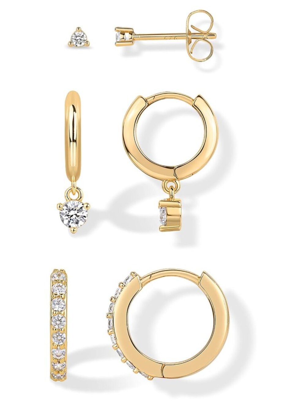 18K Gold Plated 3 Pairs Earrings for Women Stud Huggie Piercing Set